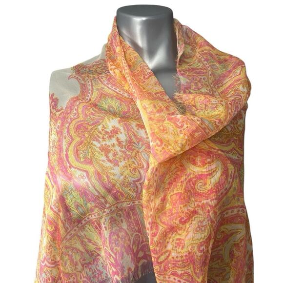Lauren Ralph Lauren Scarf Silk Paisley Yellow Pink NWT Boho Frayed Edge Wrap - Picture 1 of 8